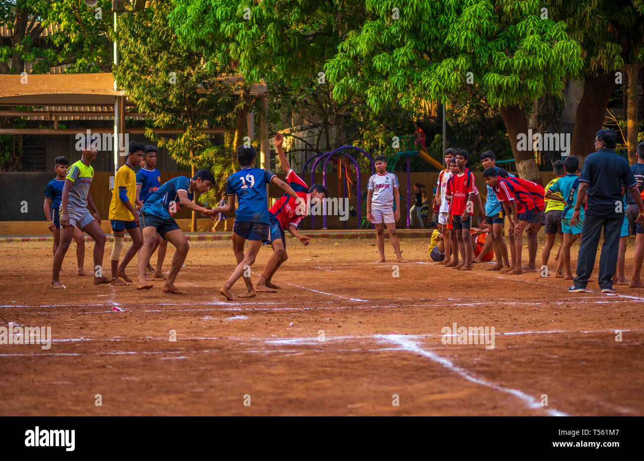 Mumbai, India - April 12, 2019 : Indias regional sport Kabaddi practiced by kids at local Mumbai ground Stock Photo
