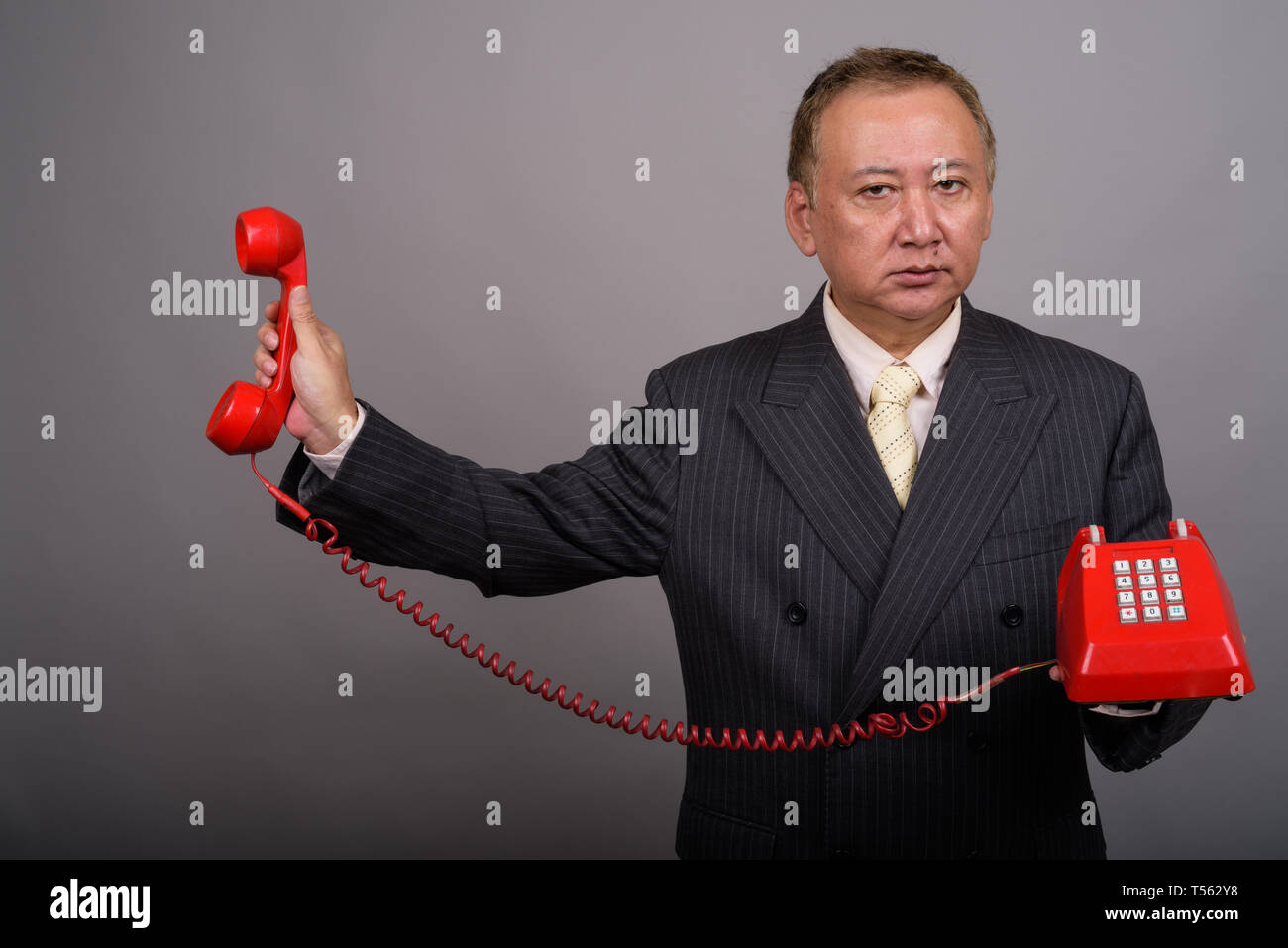 Portrait of mature Asian businessman against gray background Stock Photo