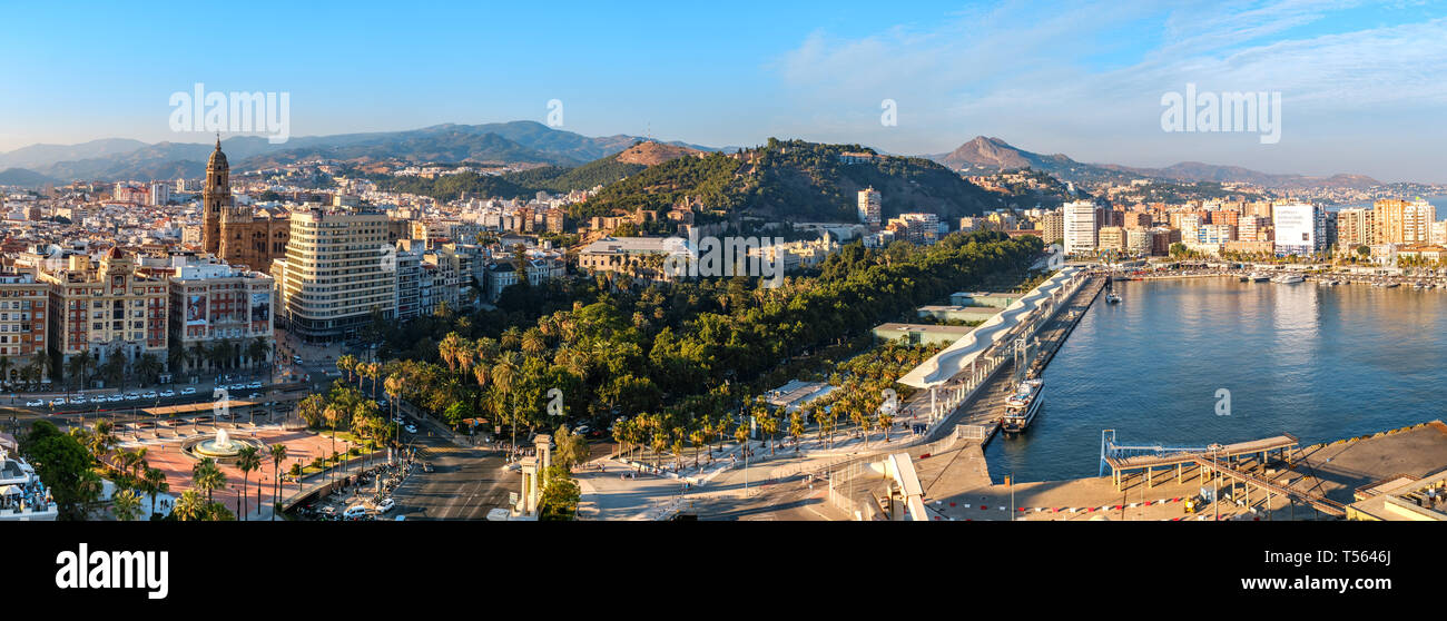 Malaga, Spain - June 29, 2018. Panoramic view of the Malaga city, Cathedral of the Incarnation, Marriott hotel, Waterfront promenade Muelle Uno and po Stock Photo