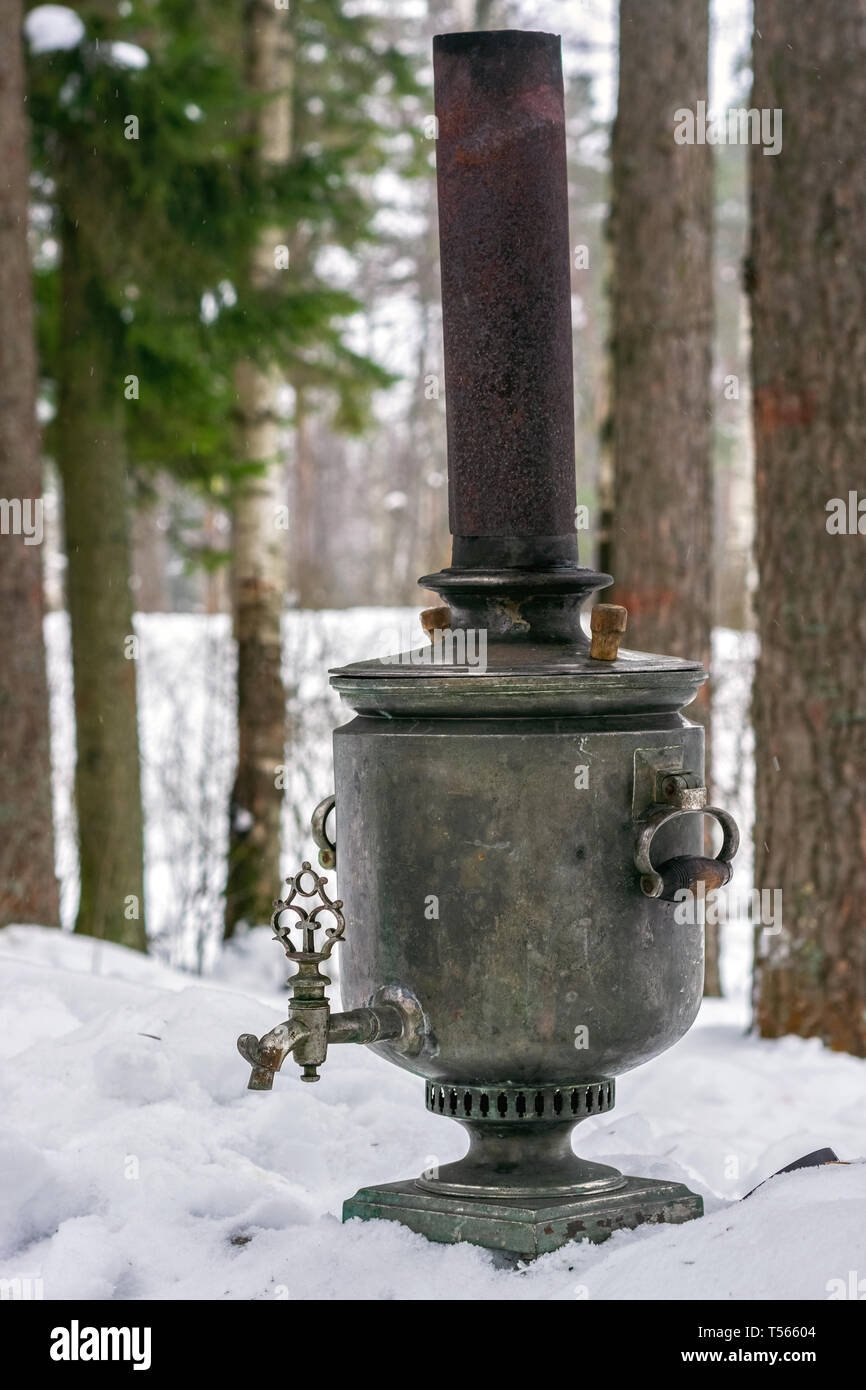 Old Russian samovar with a pipe is on white snow in a pine forest. Stock Photo