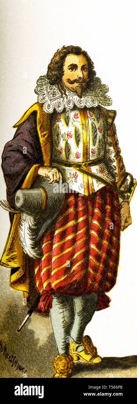 The figure here represents a French cavalier in the 1600s. This illustration dates to 1882. Stock Photo
