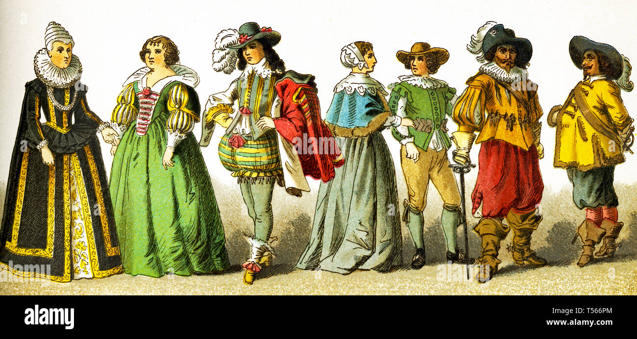 The figures here represent French people in the 1600s. They are, from left to right: Mary de Medici, Mary de Medici, a page, a woman of the Middle Class, a citizen, two soldiers. This illustration dates to 1882. Stock Photo