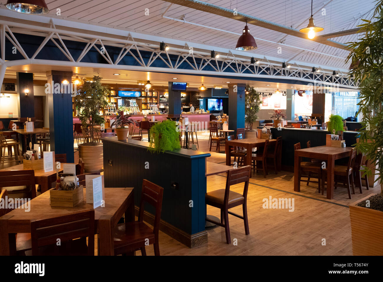 Bournemouth Airport departure hall interior empty restaurant Stock Photo