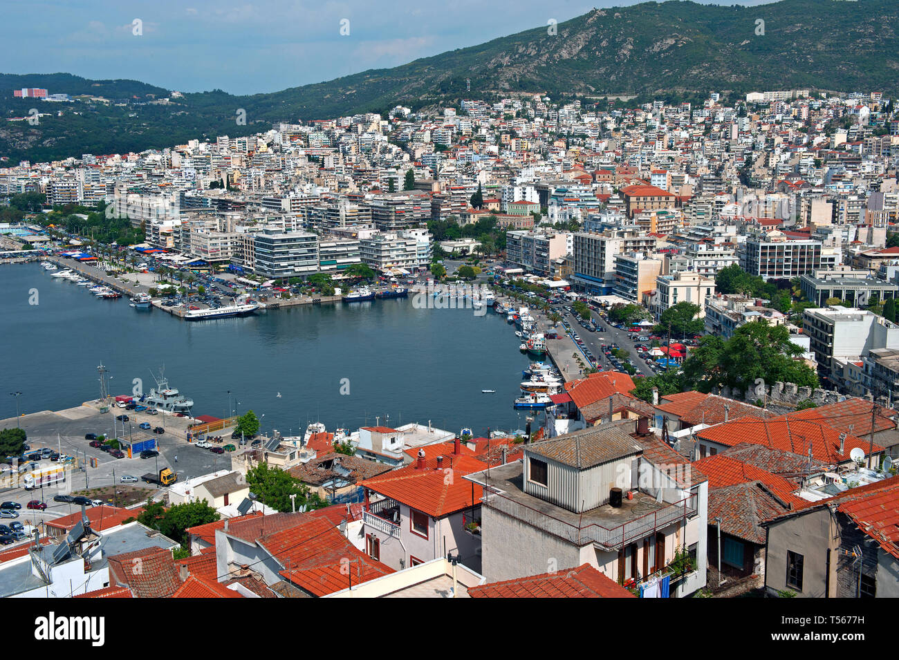 Kavala/ Greece: Panoramic view of the city with the marina at the seafront Stock Photo