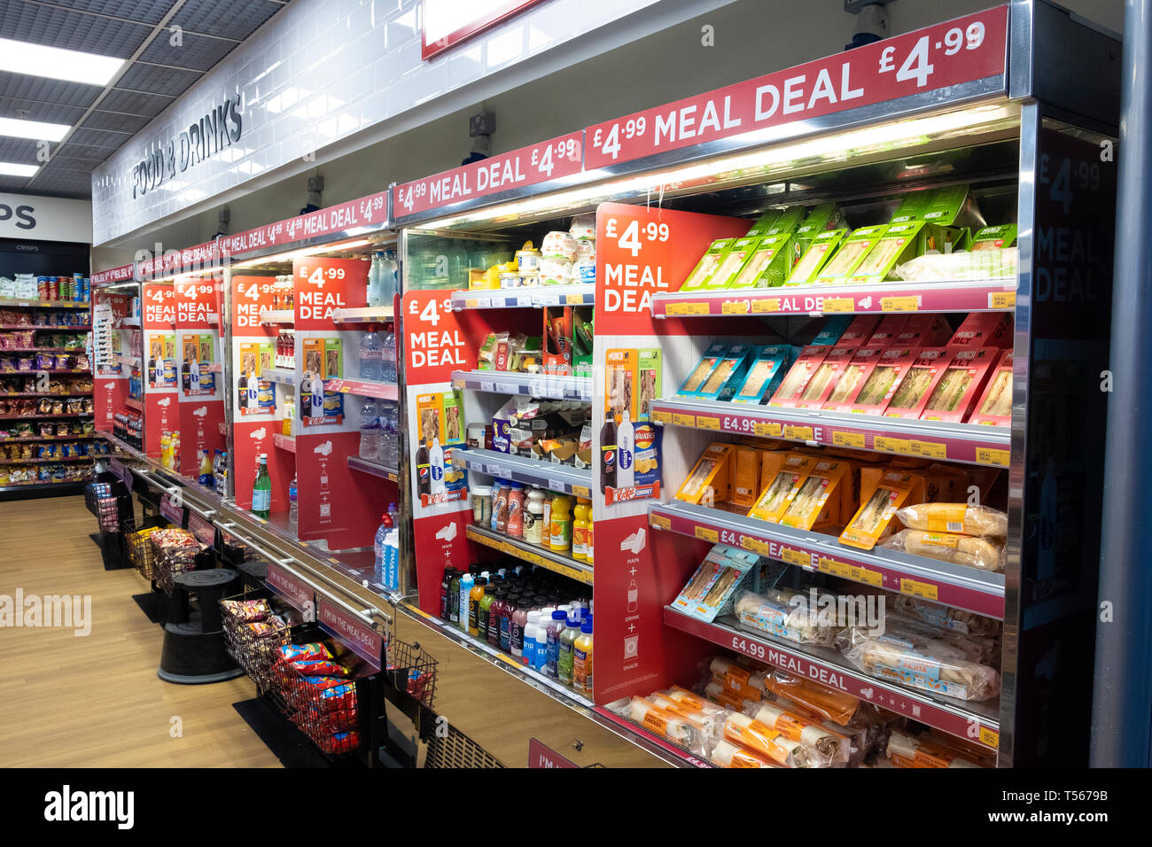 Bournemouth Airport departure hall interior meal deals display cabinets at WH Smith Stock Photo