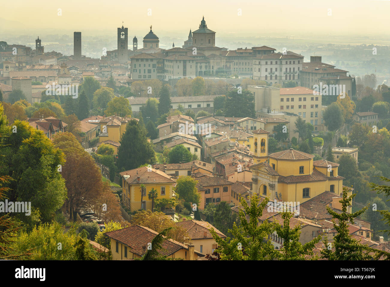 View of Upper Town Citta Alta from Saint Vigilio hill in Bergamo. Italy Stock Photo
