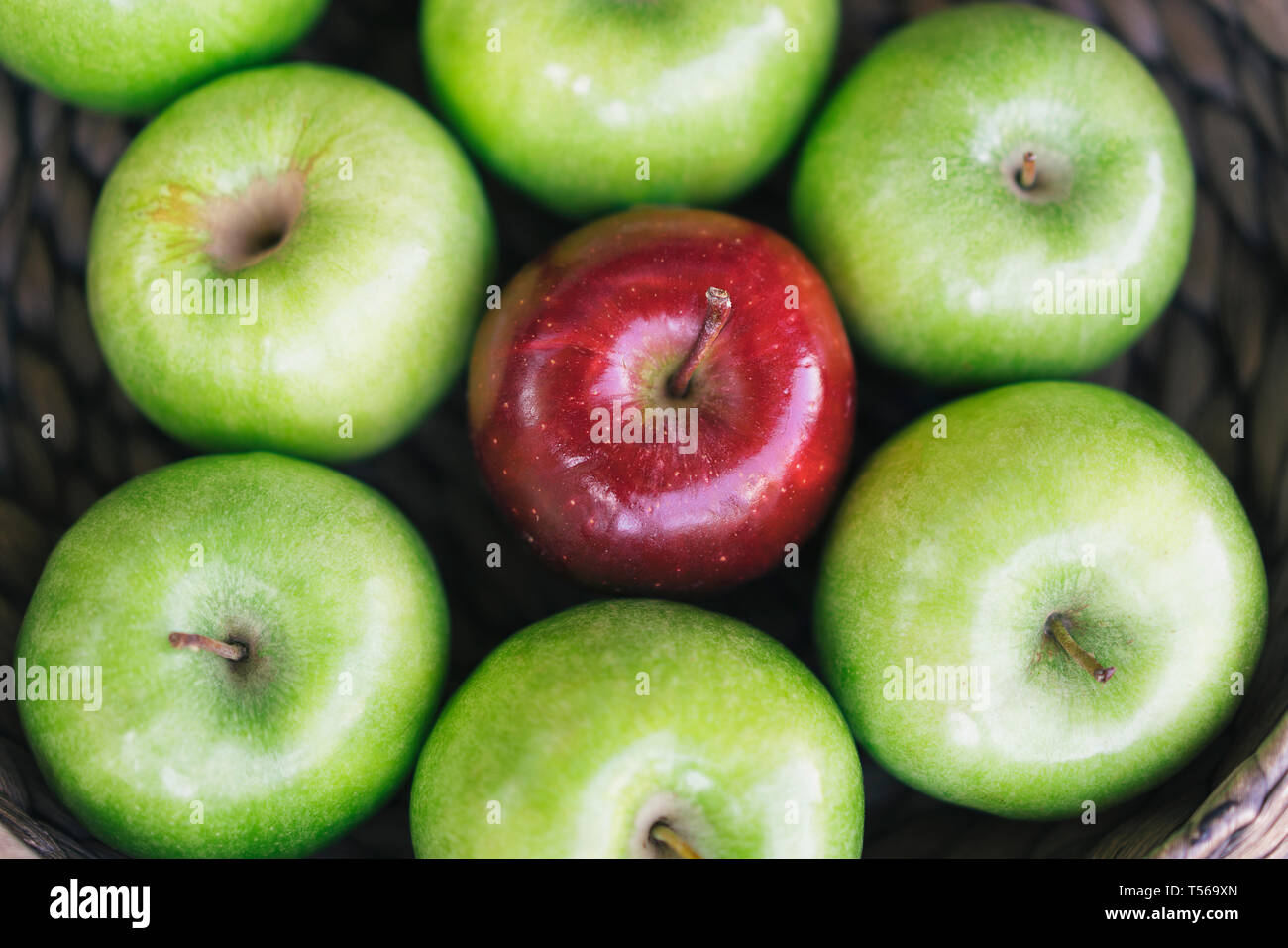 https://c8.alamy.com/comp/T569XN/closeup-view-of-a-healthy-colorful-green-apples-and-one-red-apple-in-a-basket-and-the-tasty-benefits-of-each-be-different-T569XN.jpg