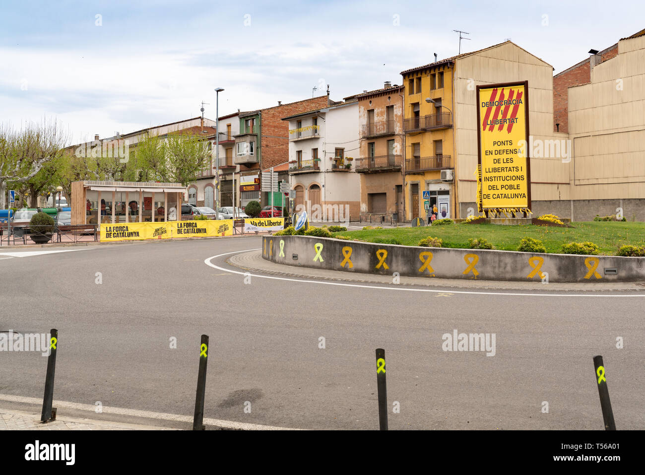 Yellow ribbons in a typical village in Catalonia, freedom for political prisoners, independence of Catalonia, Spain Stock Photo