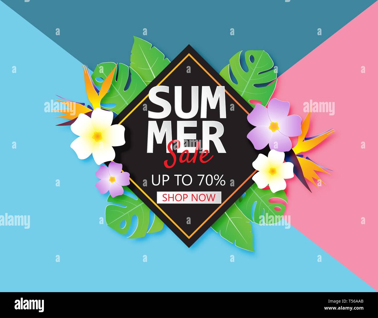 Summer sale banner template with paper cut tropical leaves and flower ...