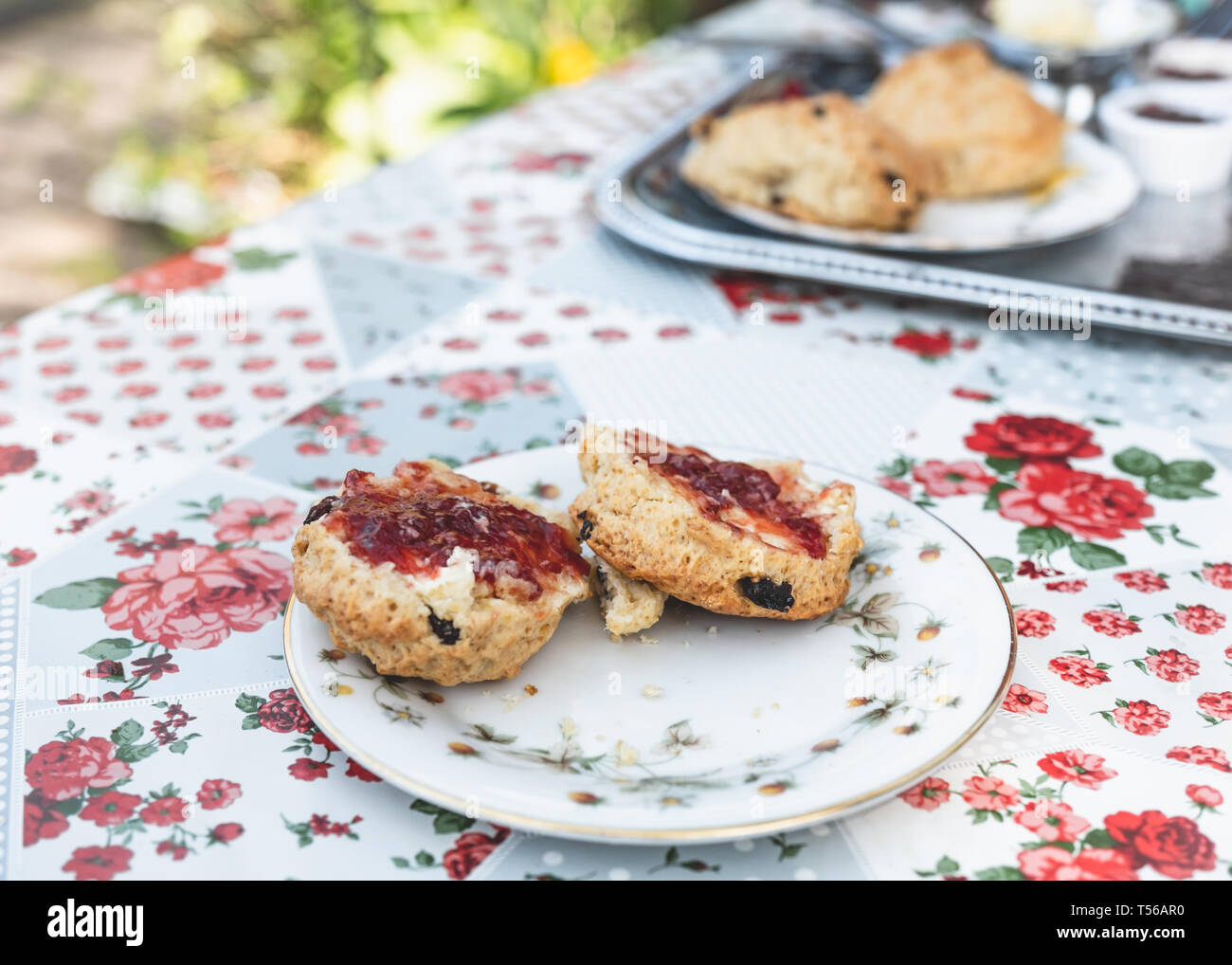Scones with jam on for an English afternoon tea at a garden teashop. Stock Photo