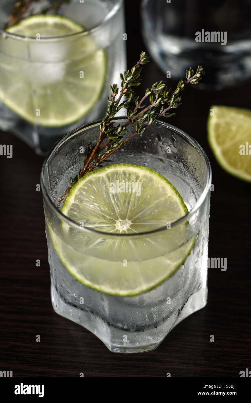Gin and tonic with a slice of lime and sprigs of thyme Stock Photo Alamy