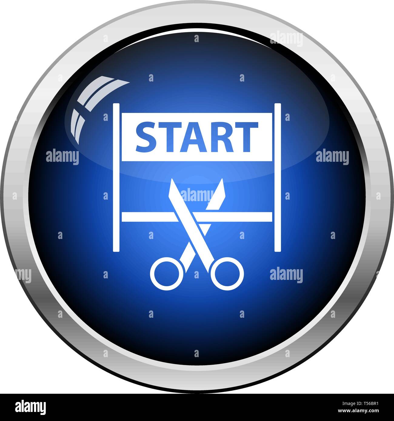 Scissors Cutting Tape Between Start Gate Icon. Glossy Button Design. Vector Illustration. Stock Vector