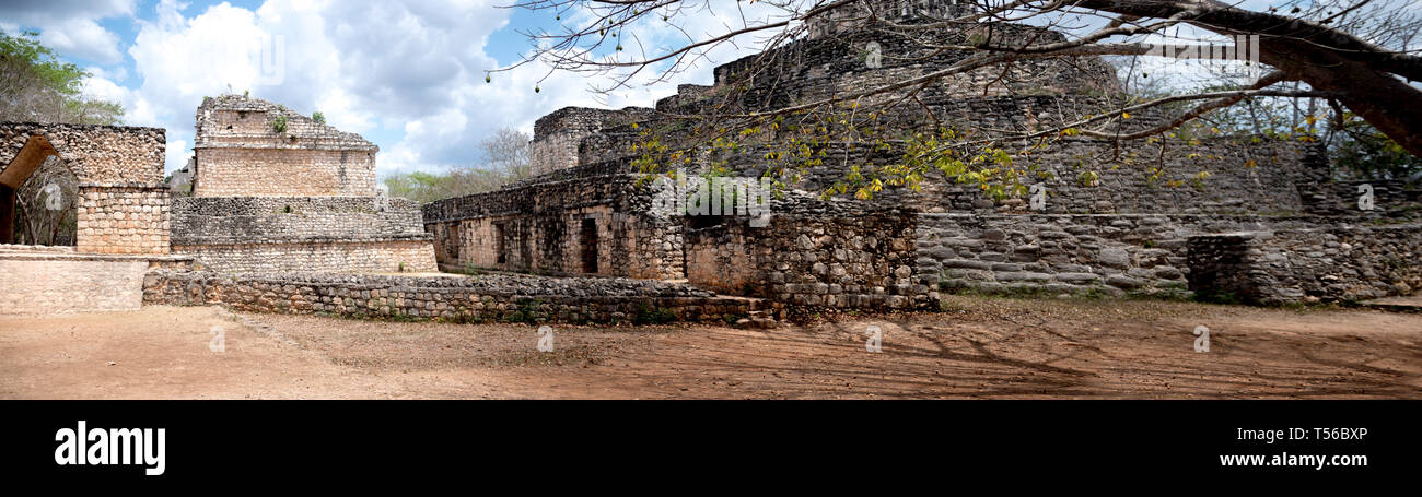 Entrance Structure to Maya Ek Balam with the entrance arch, Oval Palace and foundation of defensive wall Stock Photo