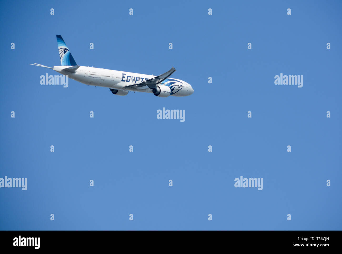 A low-flying EgyptAir jet plane taking off from London Heathrow Airport, UK Stock Photo