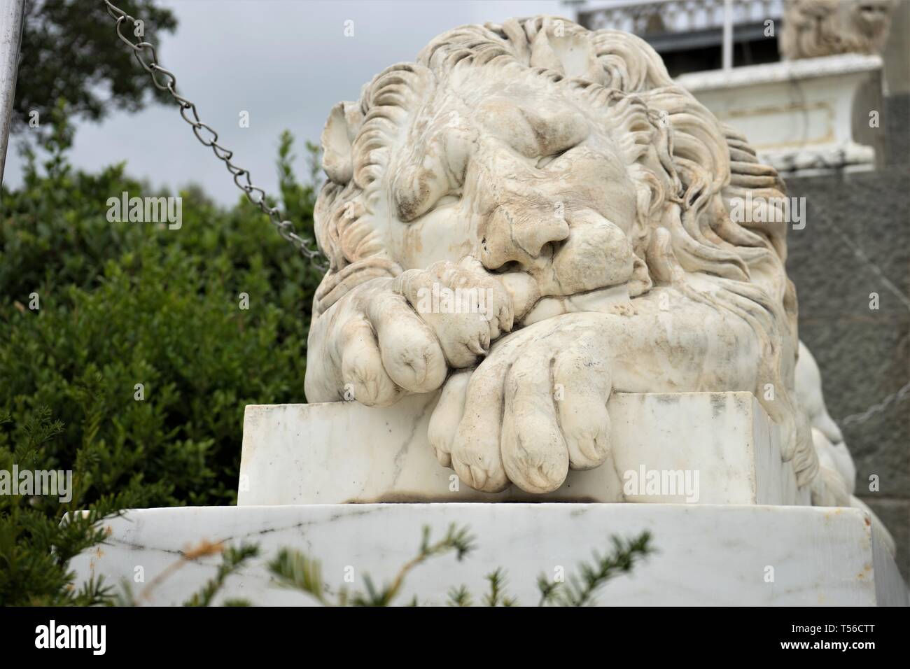 Marble statue of a sleeping lion. Vorontsov Palace. Crimea Stock Photo