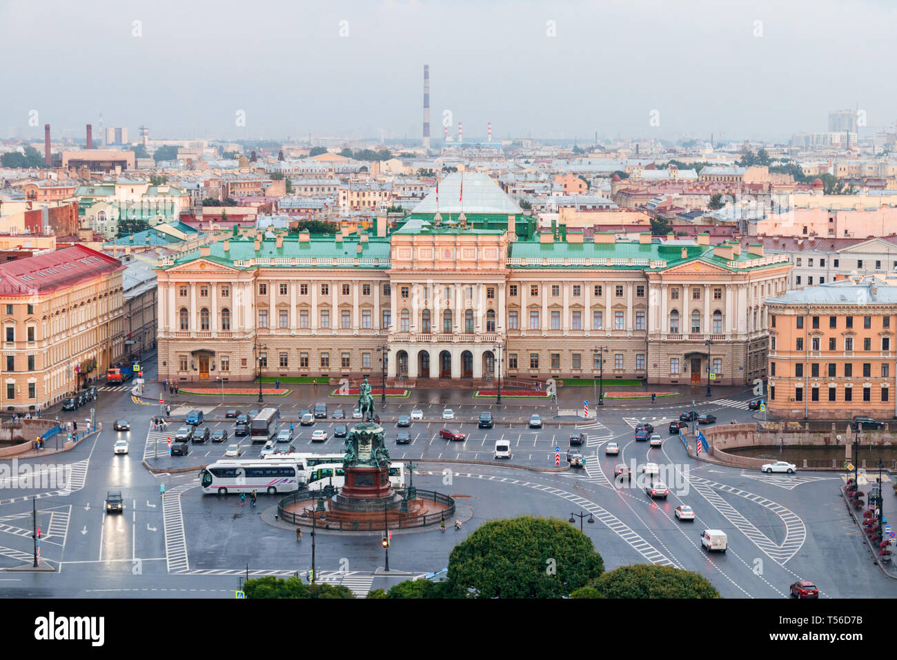 Aerial view of Saint Isaac's Square and the Mariinsky Palace under a cloudy sky. Russia, Saint Petersburg. Stock Photo