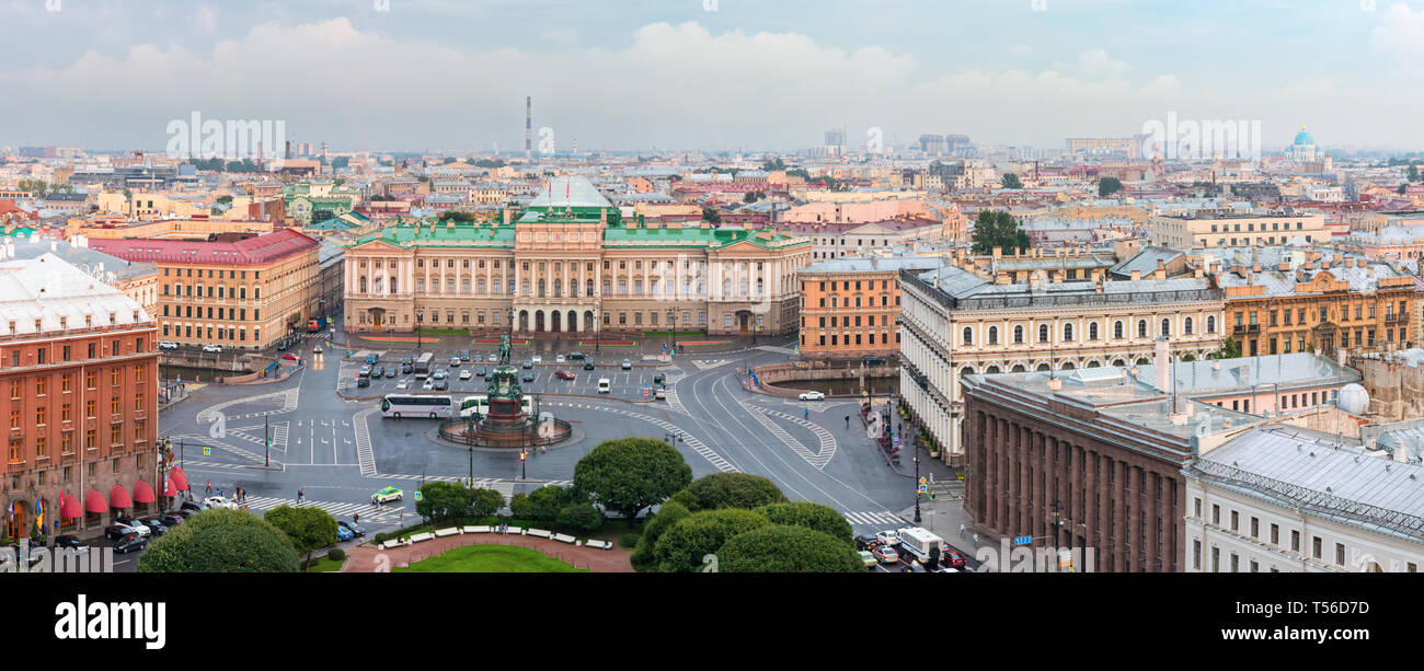 Aerial view of Saint Isaac's Square and the Mariinsky Palace under a cloudy sky. Saint Petersburg, Russia. Stock Photo
