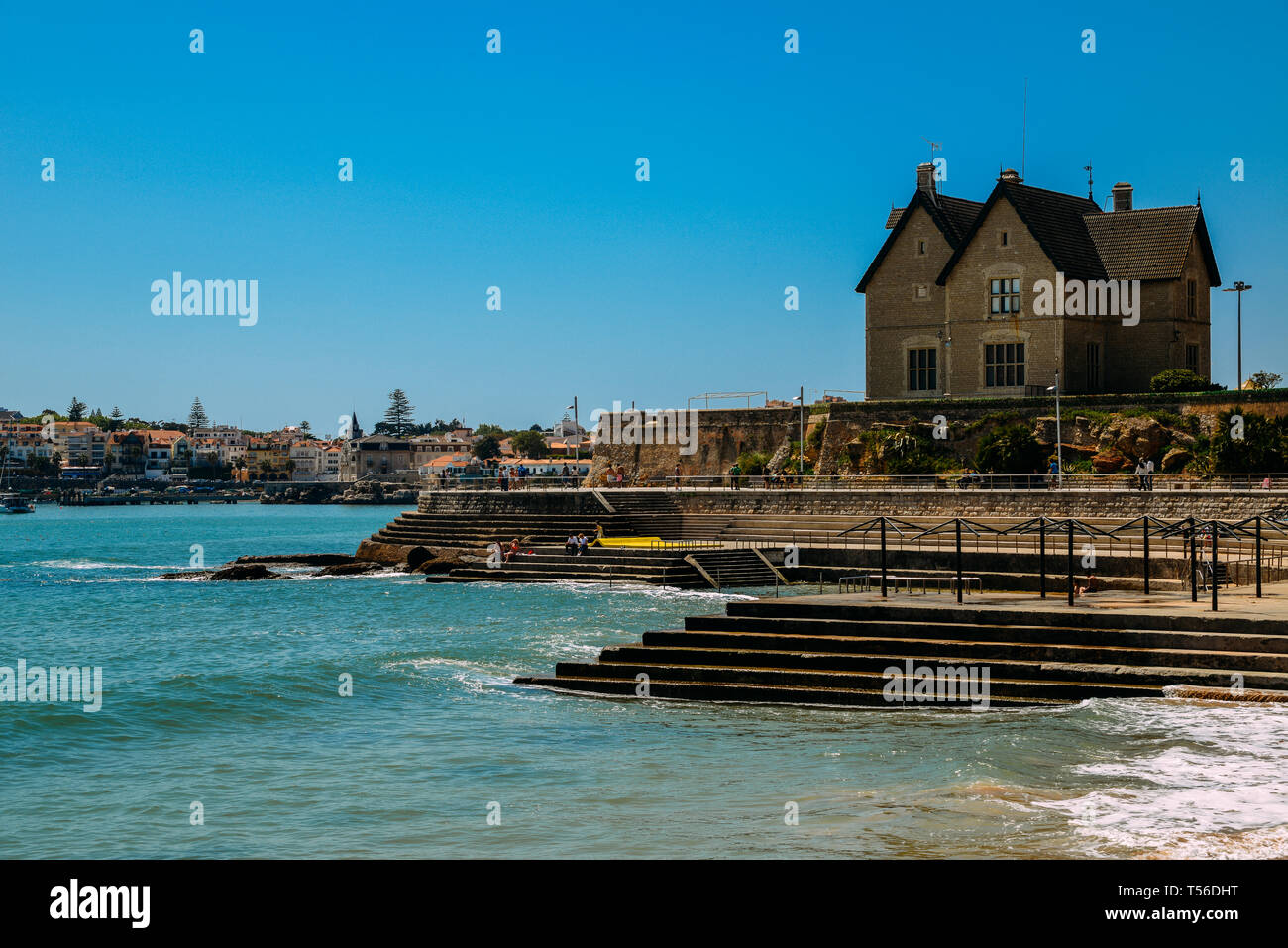 Cascais, Portugal - April 21st, 2019: Families relax at the Oceanic Pool Alberto Romano in Cascais Stock Photo