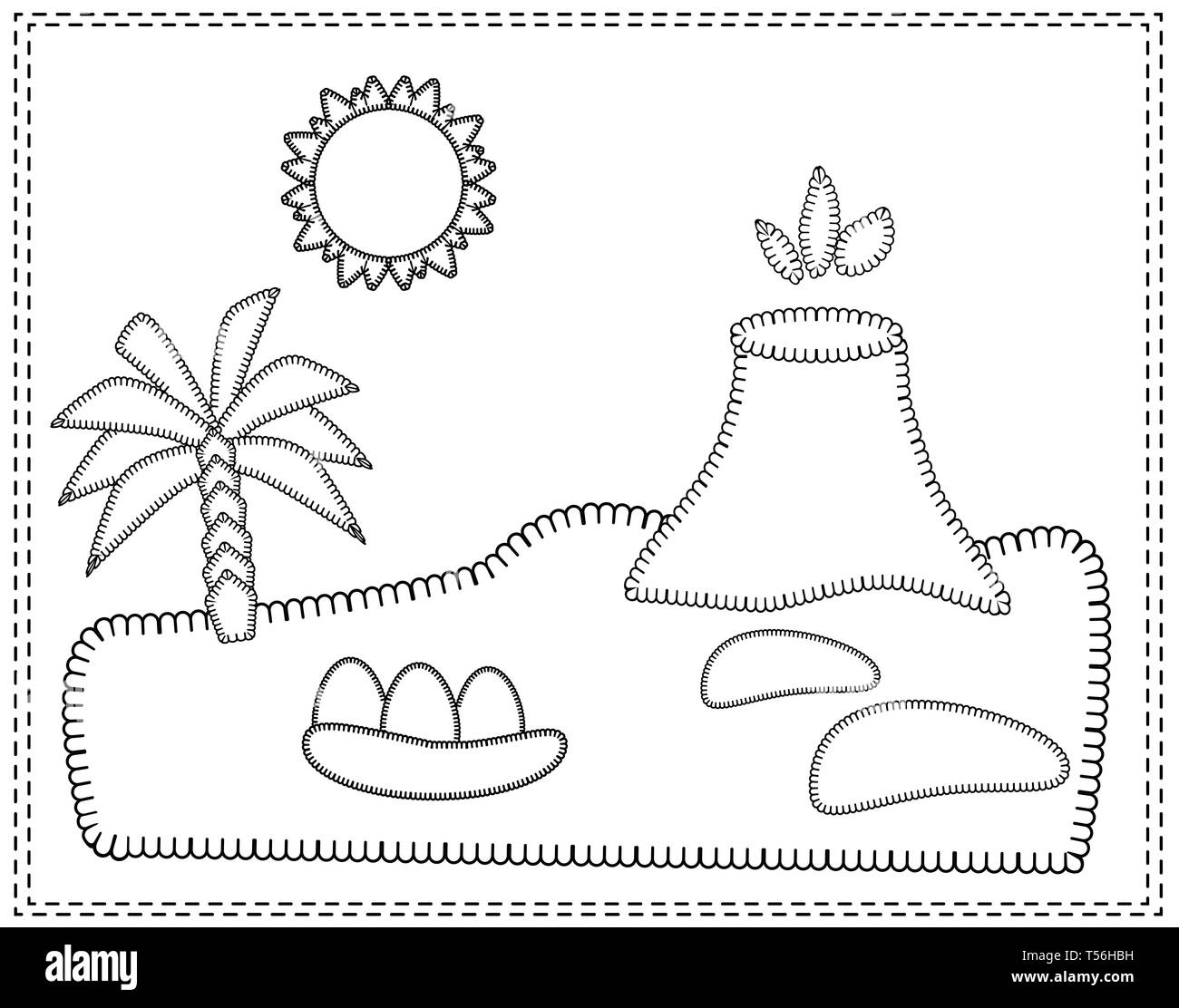 Landscape with the island of dinosaurs. Volcano, palm trees, sand, stones, sun, dinosaur eggs. Vector illustration in stitch style. For educational ga Stock Vector