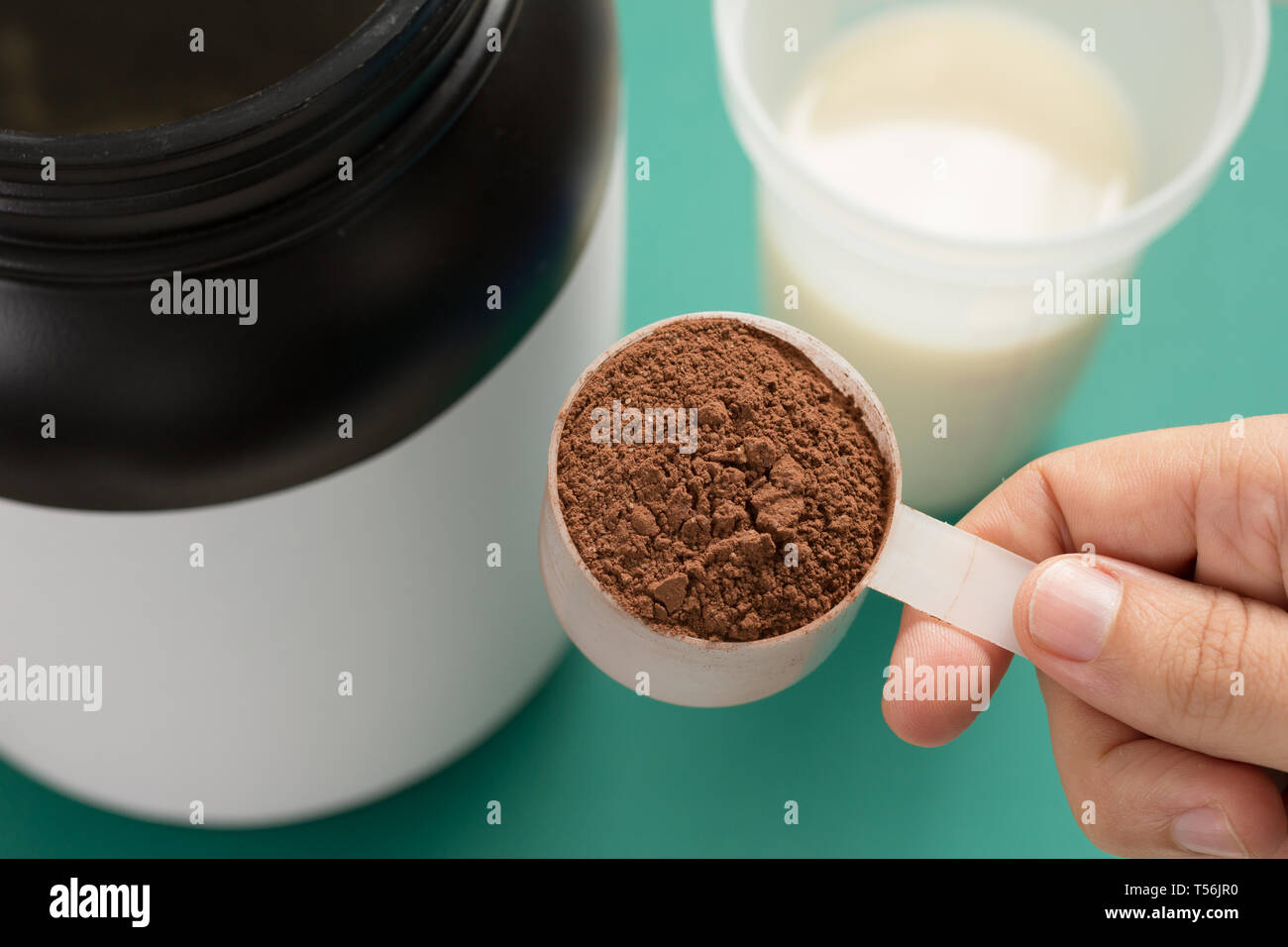 Whey protein food supplement for training and exercise. Shaker with