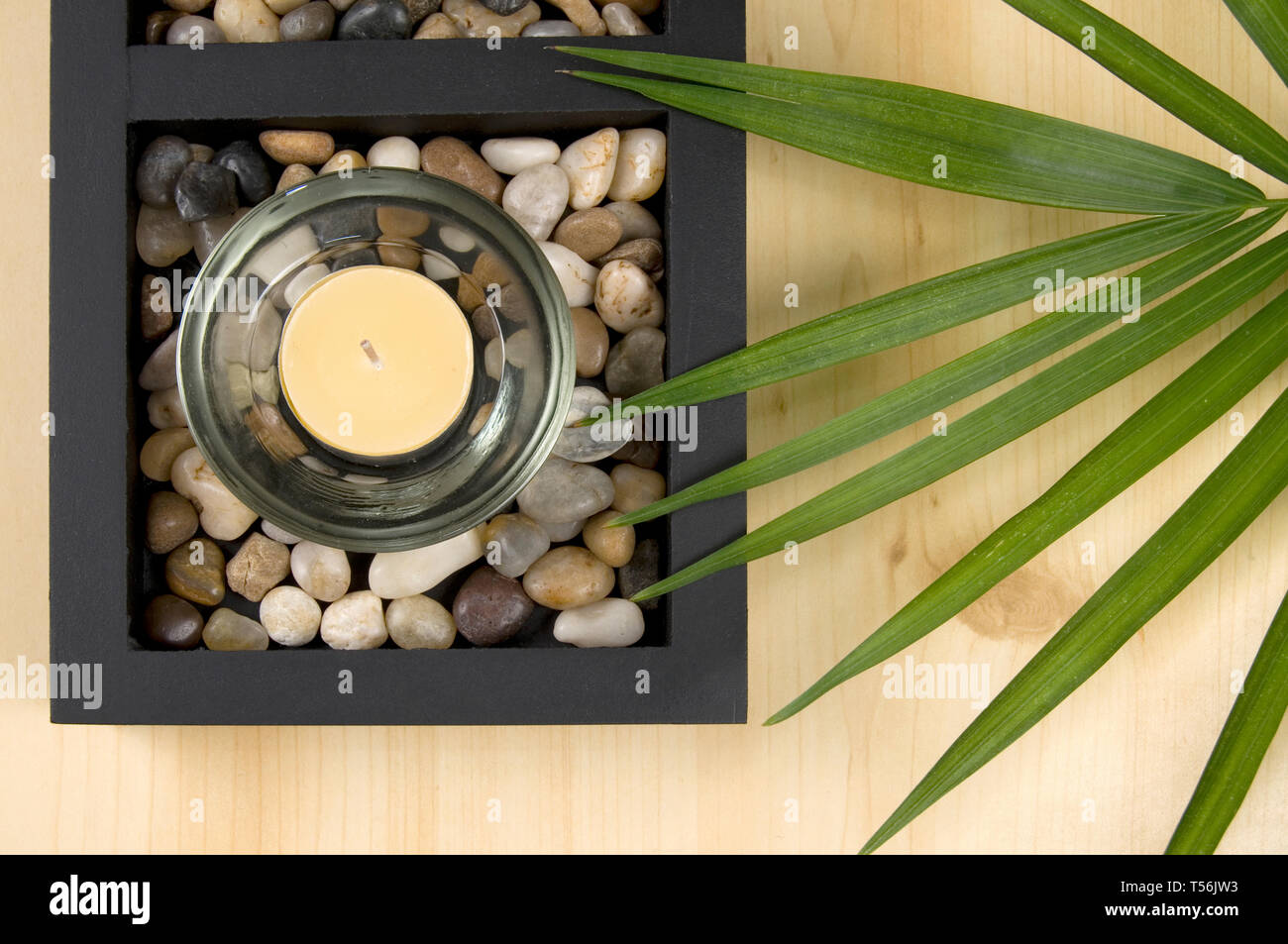 Relaxing Scented Candle with Rocks and Green Plant Stock Photo - Alamy