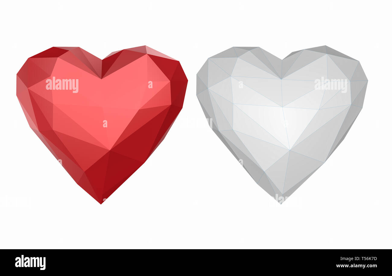 3d rendering low polygonal heart red and white isolated on white Stock ...