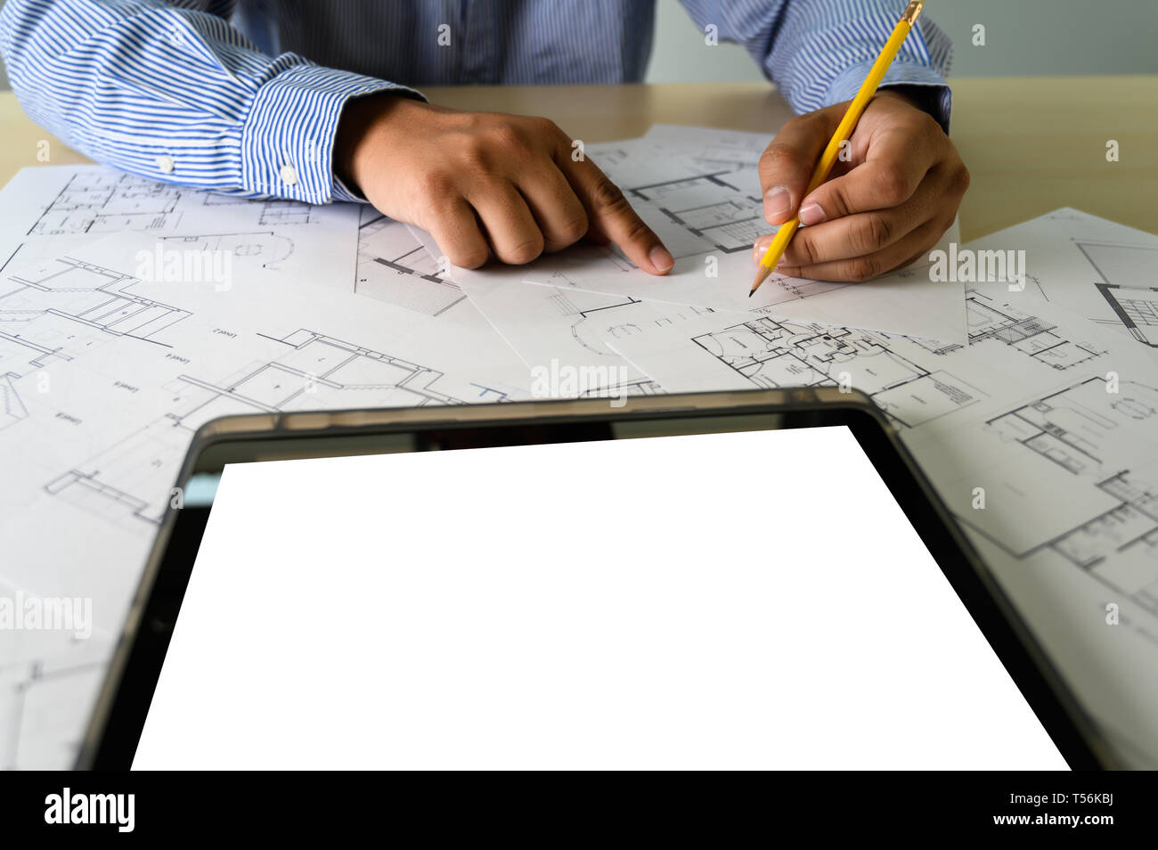 Architects working laptop  interior Architect workplace Construction concept tools Stock Photo