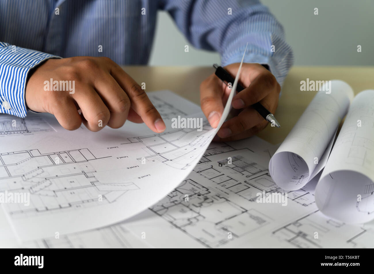 Architects working laptop  interior Architect workplace Construction concept tools Stock Photo