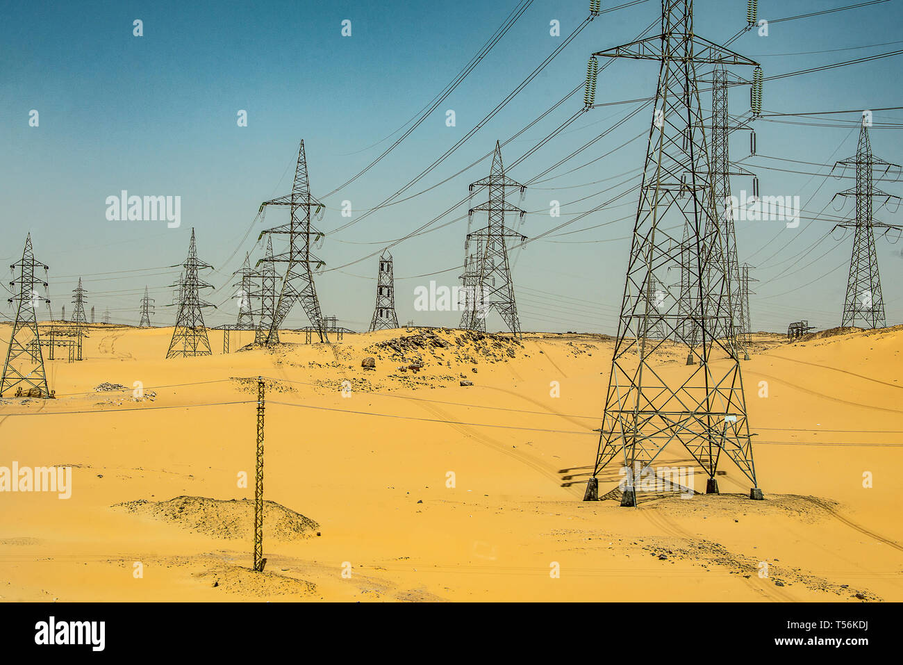 Aerial view High voltage metal post. Highvoltage tower Top view desert