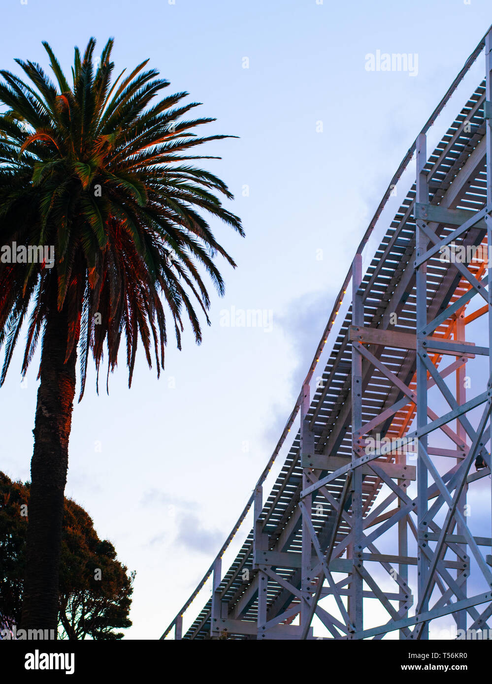 Palm tree and roller coaster during sunset with beautiful blue and orange sky colors Stock Photo