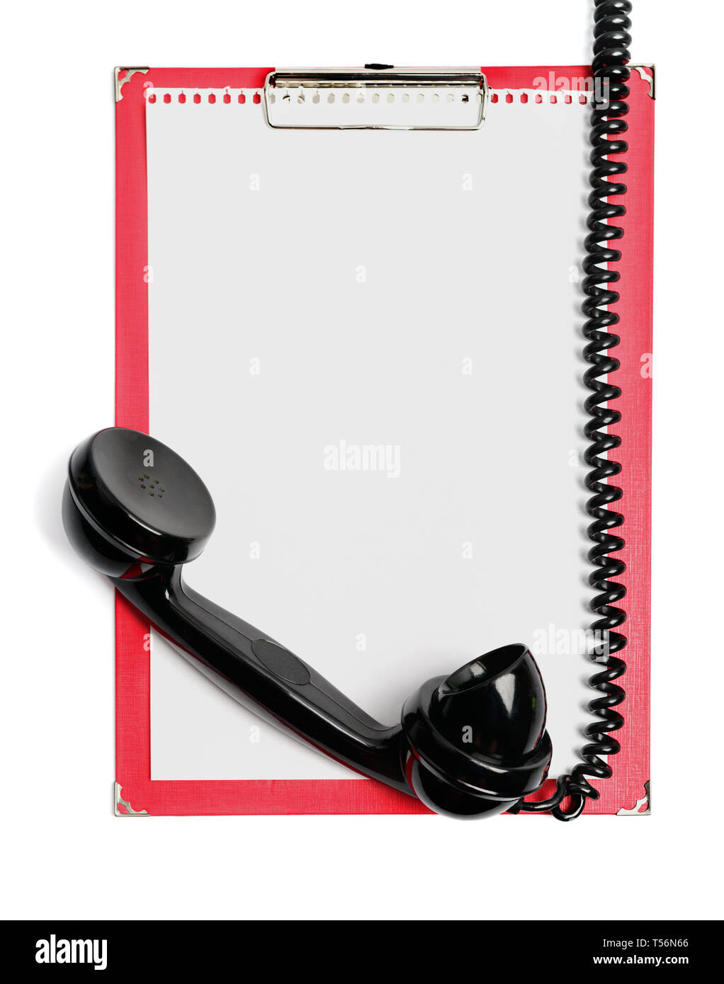 Clipboard with paper for your message and vintage phone receiver isolated on white with clipping path Stock Photo