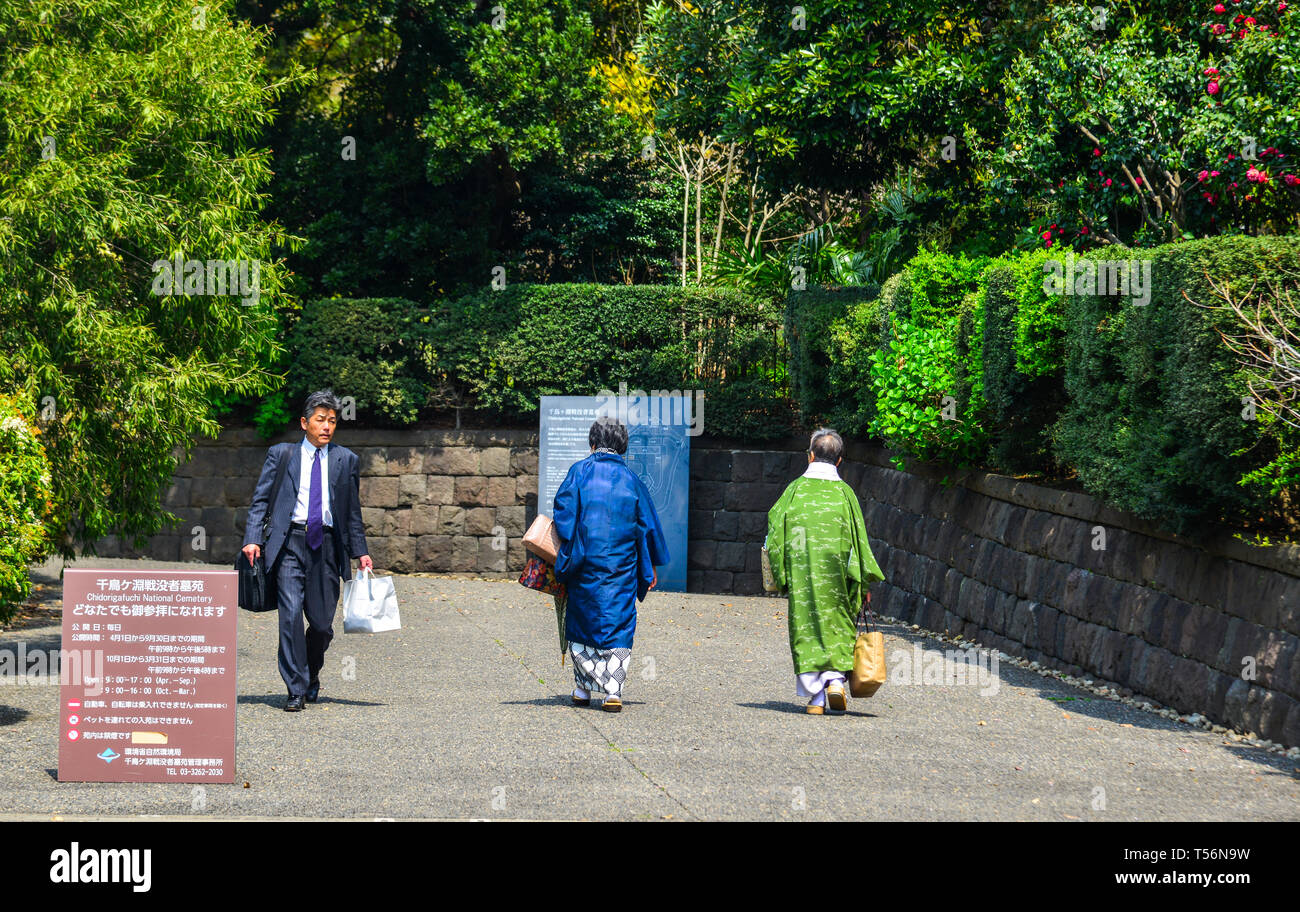 Tokyo, Japan - Apr 7, 2019. Old women in kimono dress walking on street ...