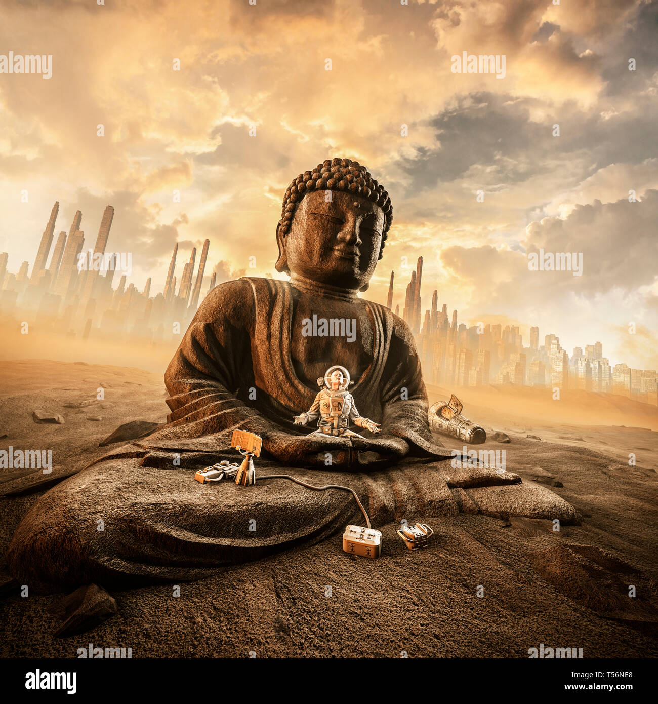 Harmony in the heat / 3D illustration of astronaut meditating on ancient stone statue of Buddha on abandoned desert city colony planet under a gloriou Stock Photo