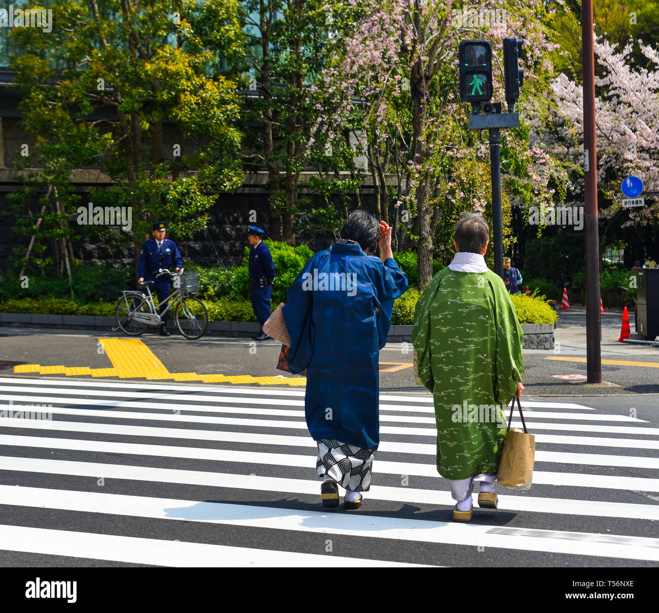 Tokyo, Japan - Apr 7, 2019. Old women in kimono dress walking on street ...