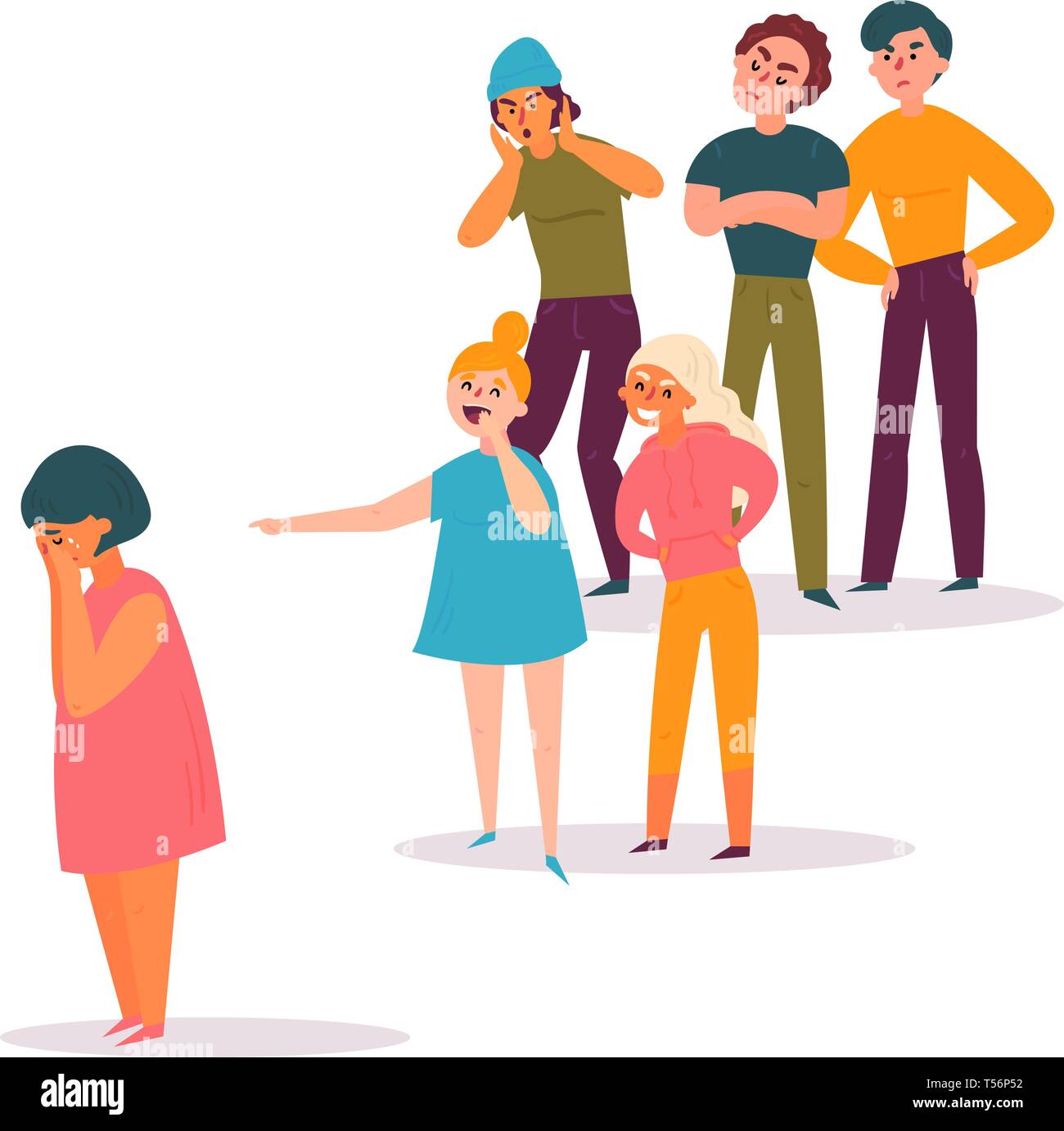 Sad teenage boy sitting on floor surrounded by classmates mocking him, scoffing, taking photos on smartphones. Problem of mockery and bullying at Stock Vector