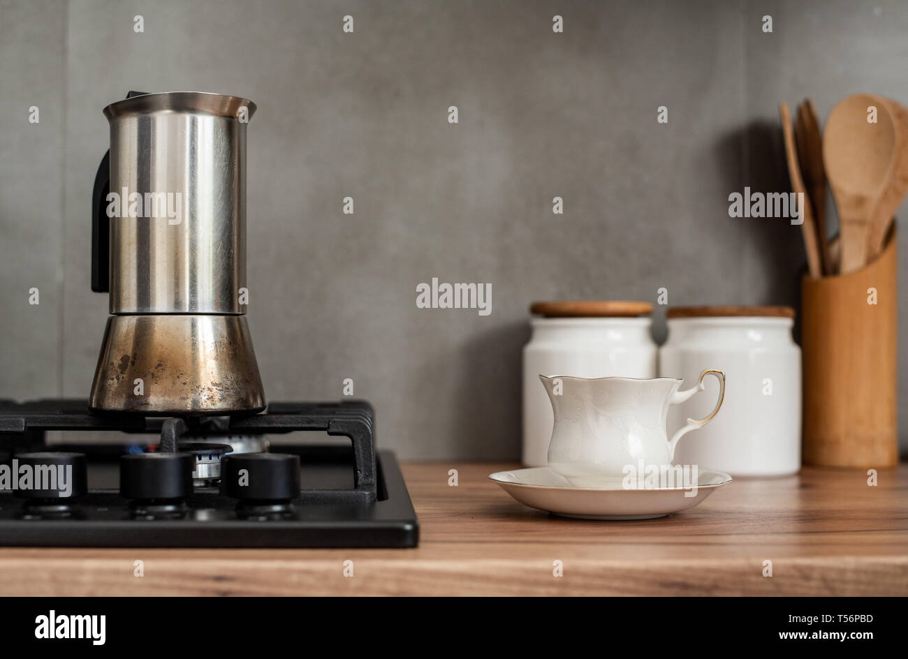 Preparing a traditional italian style coffee with coffee percolator