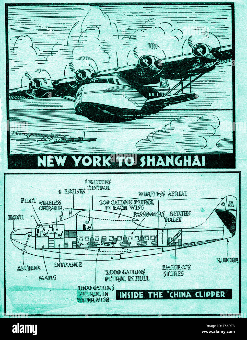 1935 The China Clipper, (aka 'Sweet Sixteen') aircraft, the biggest flying boat in the world at that time, flying New York to Shanghai carrying passengers and mail. Stock Photo