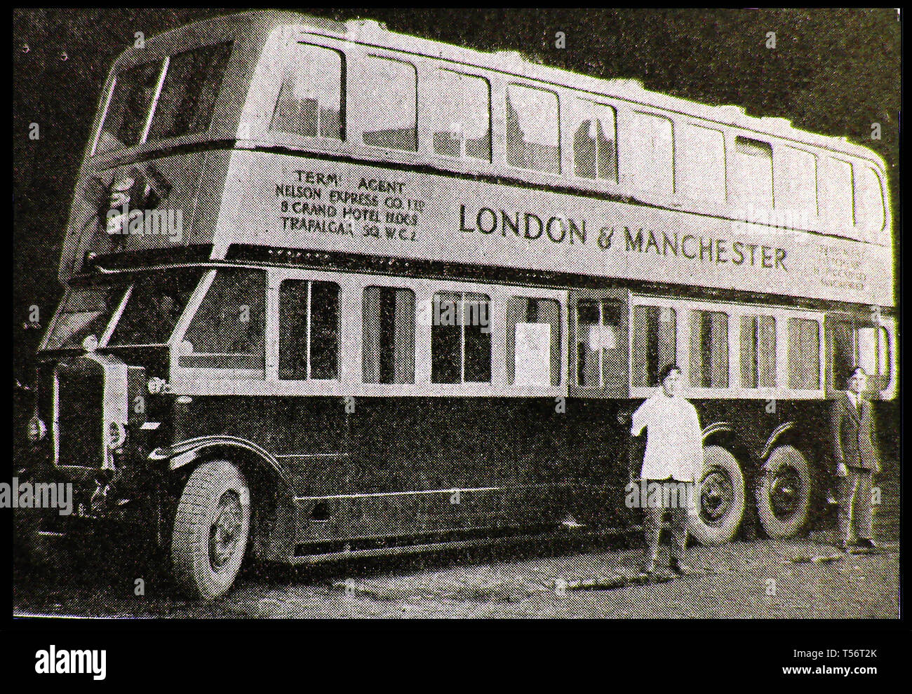 GUY FCX Sleeper coach service - A 1930's illustration showing a six wheeled long distance English double decker bus  (with driver and conductor) travelling from London to Manchester, displaying 'Agent - Nelson Express Company Ltd, 8 Grand Hotel Buildings, Trafalgar Square, London' . It was built on a Strachan's body and was 13 feet, nine inches high and was fitted with both two and four-berth cabins, a kitchen and an attendant's compartment Stock Photo