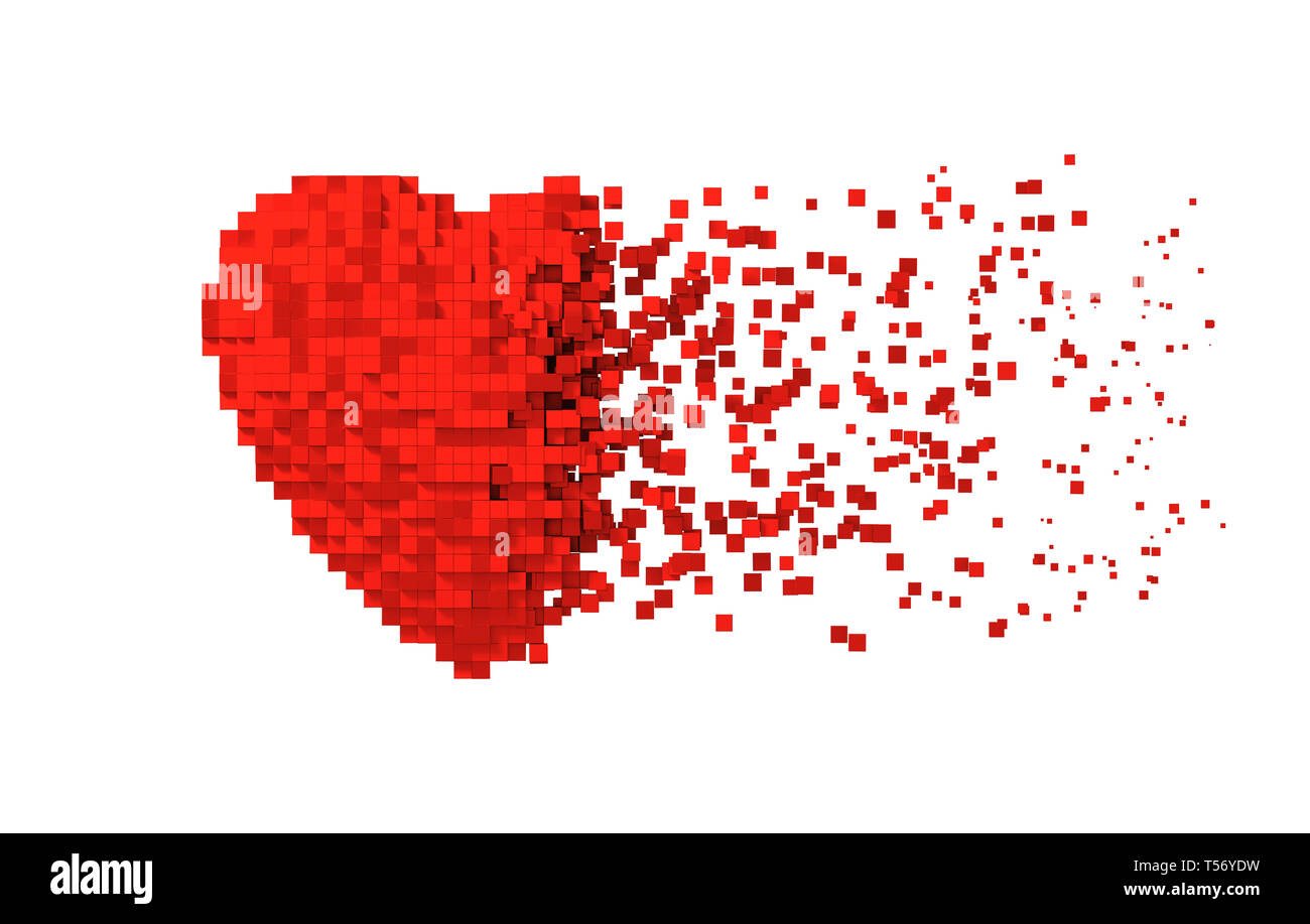 Disintegration Of Red Digital Heart Isolated On White Background. 3D Illustration. Stock Photo