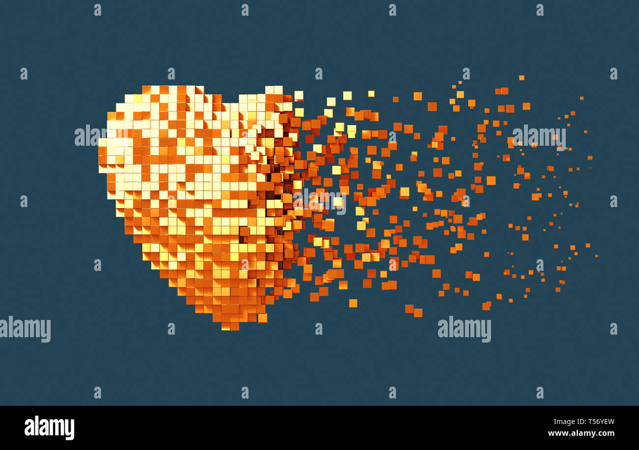 Disintegration Of Golden Digital Heart On Cyan Background. 3D Illustration. Stock Photo