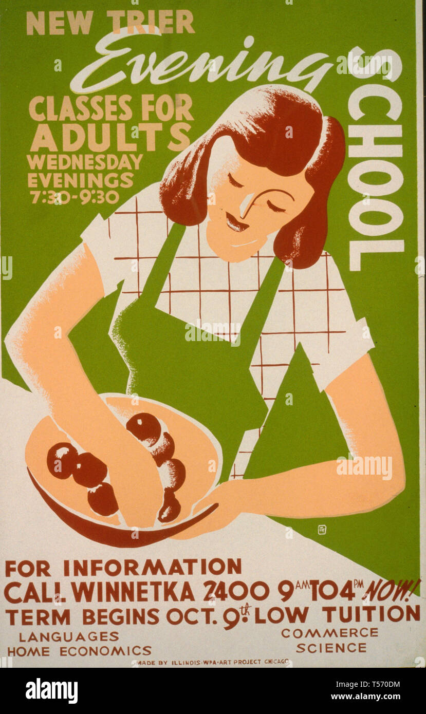 New Trier evening school Classes for adults, Wednesday evenings 7:30 - 9:30. WPA Poster, circa 1938 Stock Photo