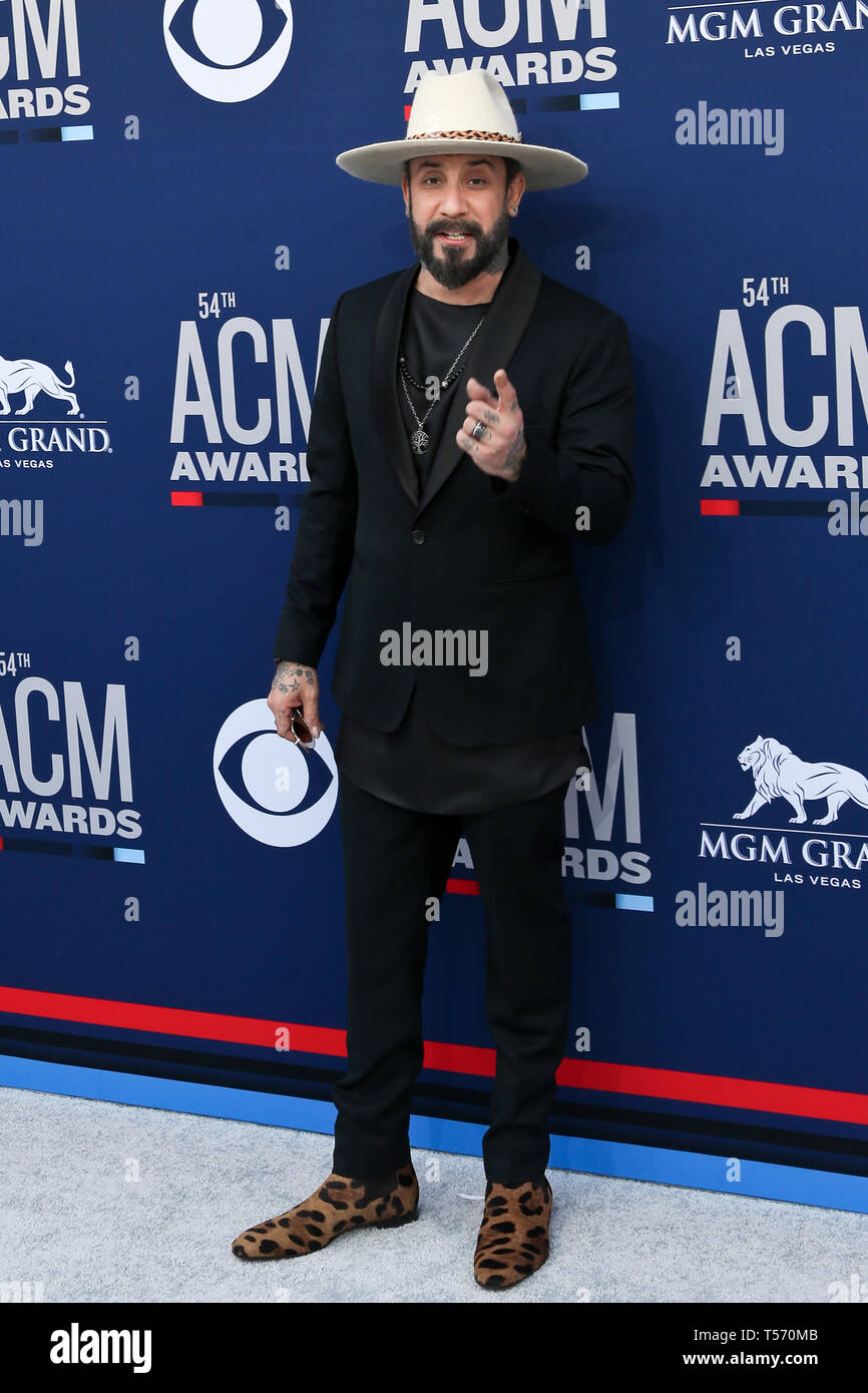 April 7, 2019 - Las Vegas, Nevada, United States - AJ McLean attends the 54th Academy of Country Music Awards at MGM Grand Arena in Las Vegas, Nevada. (Credit Image: © Debby Wong/ZUMA Wire) Stock Photo