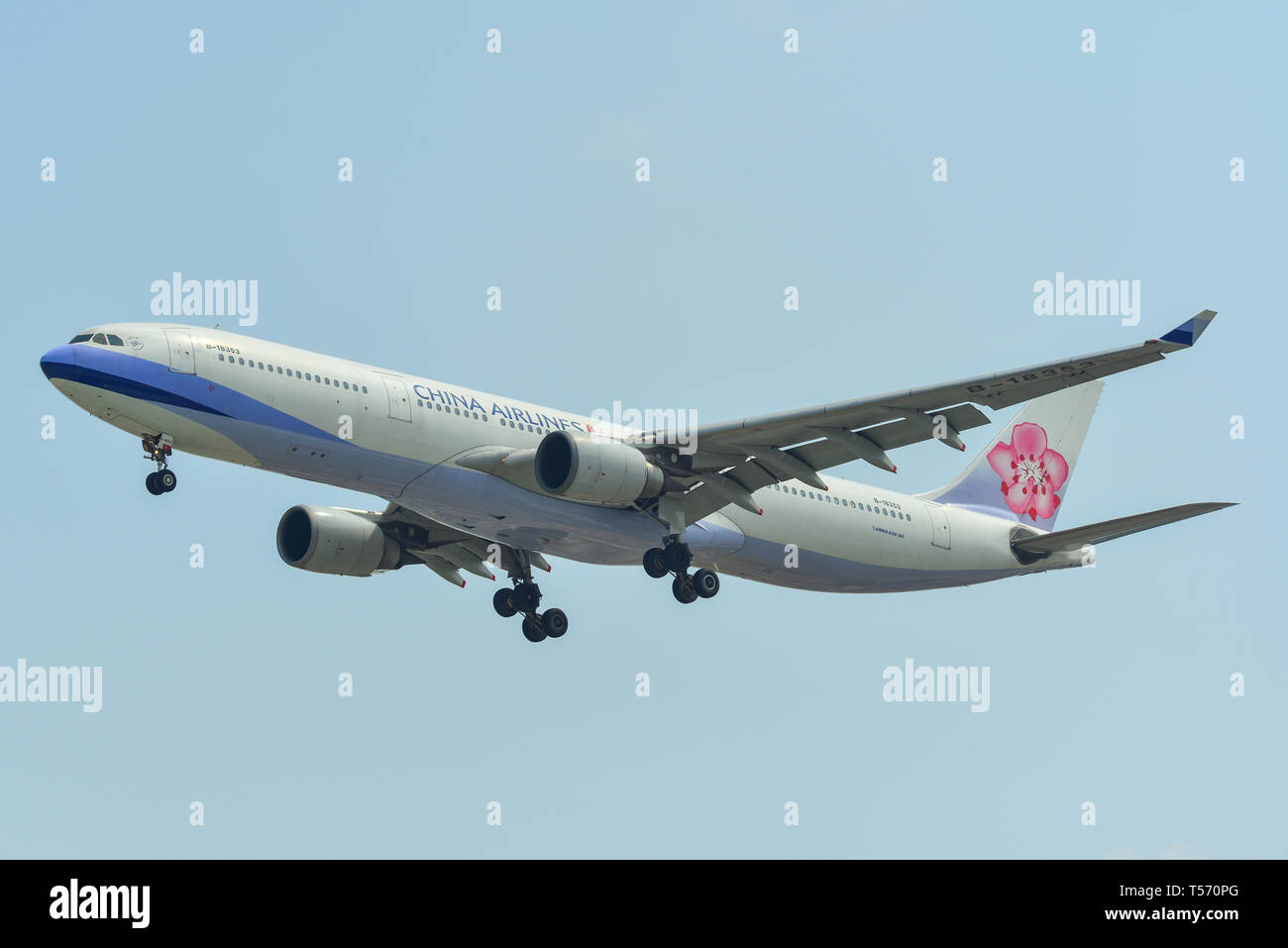 Saigon, Vietnam - Apr 21, 2019. An Airbus A330-300 airplane of China Airlines (B-18353) landing at Tan Son Nhat Airport (SGN) in Saigon (Ho Chi Minh C Stock Photo