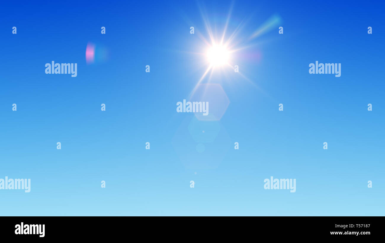 Sunny day 3D illustration. Sun shines in the clear blue sky with lens flares in the day. Bright natural background. Stock Photo