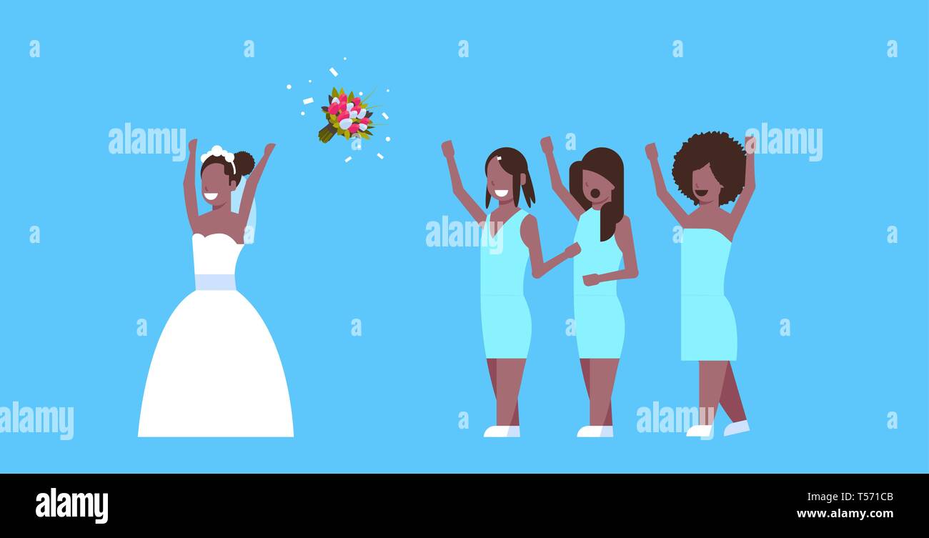 Bride In White Dress Throwing Bouquet For African American