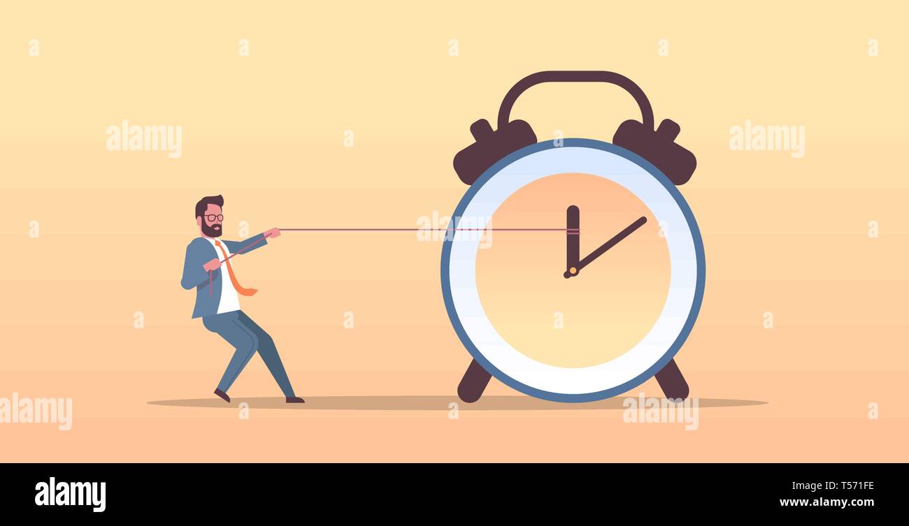 businessman pulling clock arrow deadline time management concept