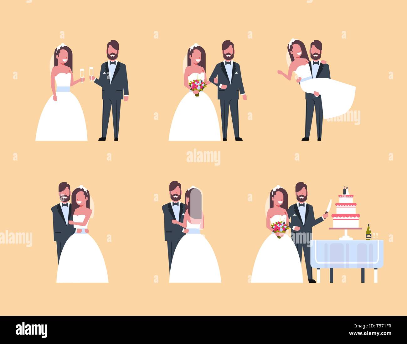 Set Just Married Man Woman Standing Together Different Poses