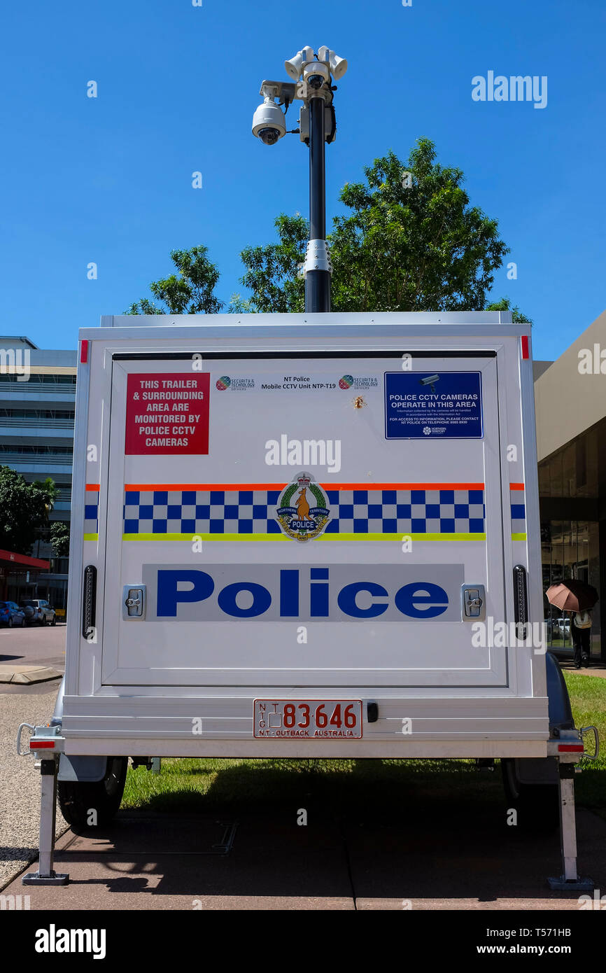 Police mobile CCTV trailer in a street of Darwin city in the Northern Territory of Australia. Stock Photo