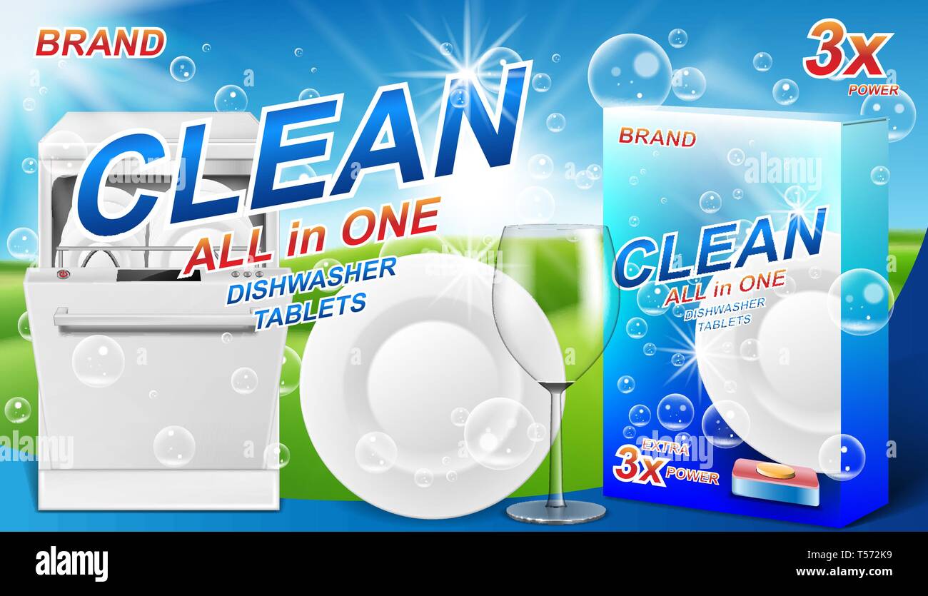 Dish wash soap ads. Realistic plastic dishwashing packaging with detergent gel design. Liquid soap with clean dishes for dishwasher machine. 3d vector Stock Vector