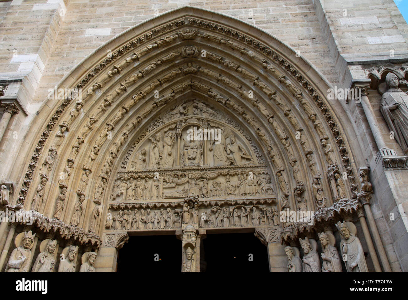 Stone carvings on the front facade of Cathedrale Notre Dame de Paris
